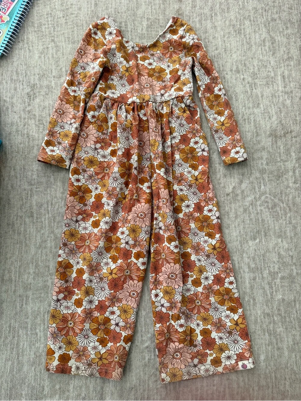 cheeky plum Girls Floral Long-Sleeve Pajama Jumpsuit in Rust, Pink & Mustard